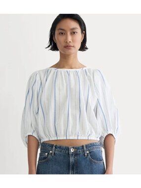 Everlane The Gauze Puff-Sleeve Top Women's Size Medium Blue & White NWT!